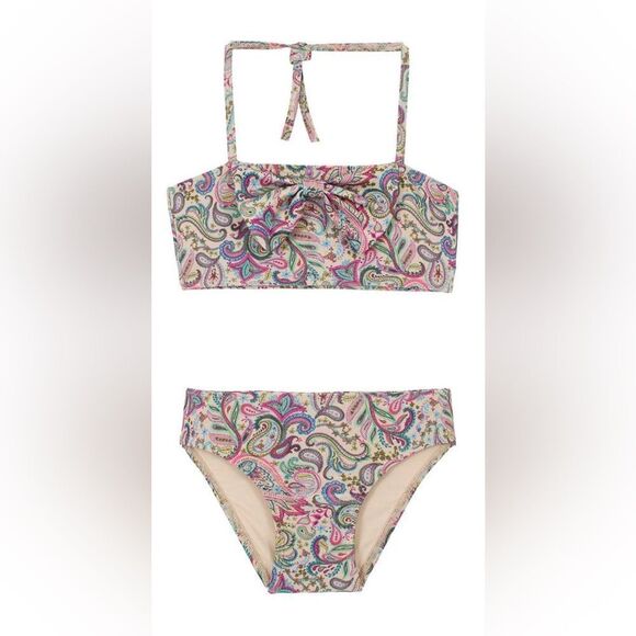 PQ Swim Kids Pink Shimmer Multi Paisley Coast Asha Bow Bikini Set - Picture 2 of 10